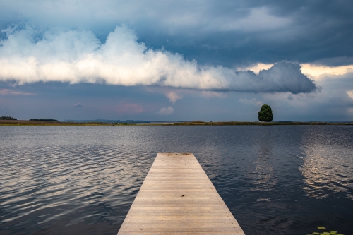 Wooden jetty stretching into a calm trout fishing dam at Blue Crane Farm, with grassy shorelines and serene water—perfect for fly-fishing from the comfort of luxury cottages